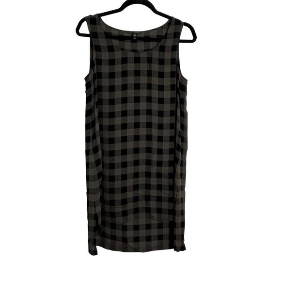 Eileen Fisher 100% Silk Sheer Plaid Sleeveless‎ Hi Low Tunic Black Olive Green S - Picture 3 of 10